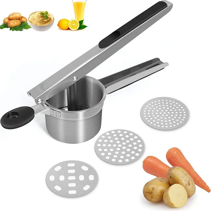 

Potato Masher Stainless Steel with 3 Interchangeable Fineness Discs Spaetzle Maker Creates Smooth Creamy Mashed Potato