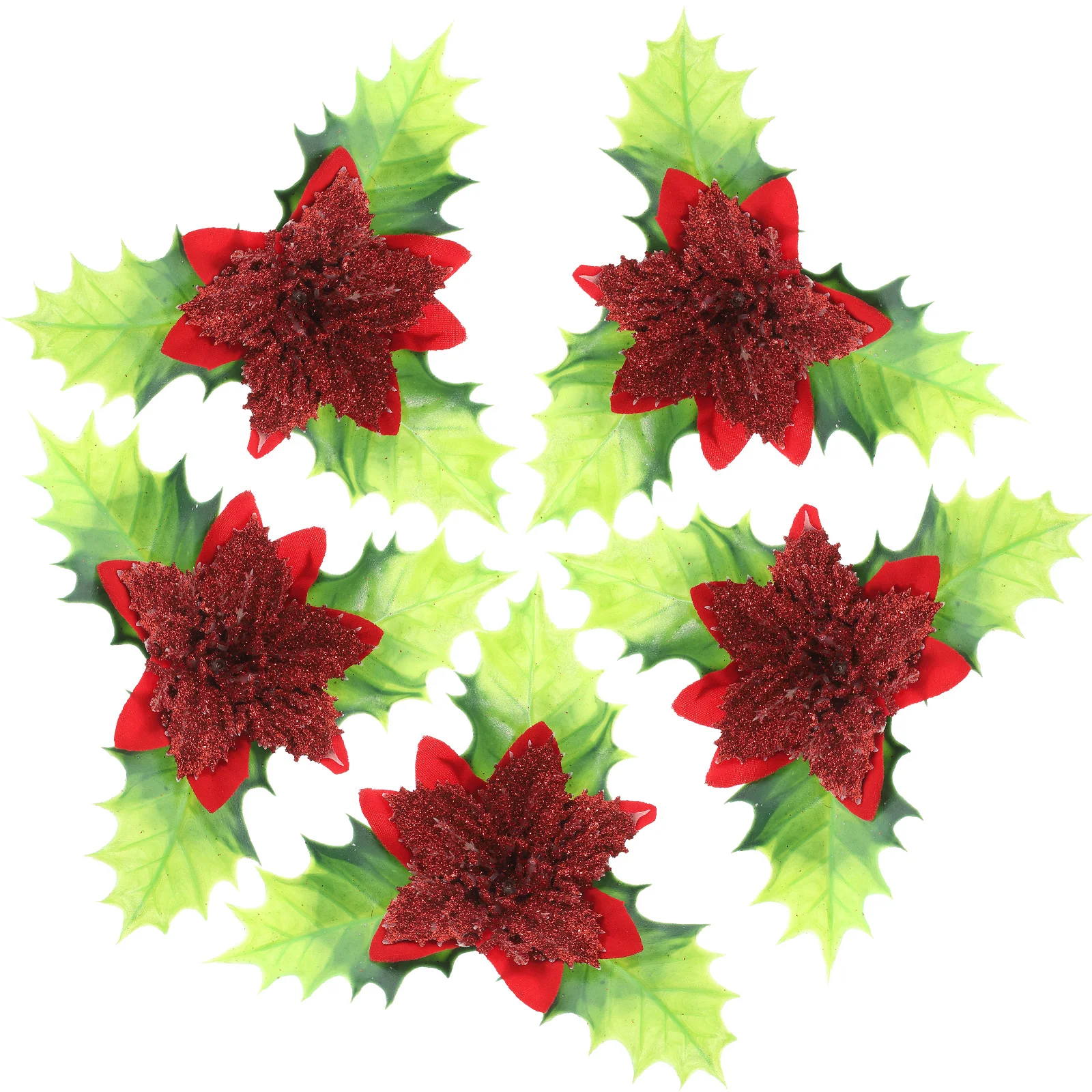 

5 Pcs Christmas Tree Decoration Green Leaves Simulated Flowers Faux Decorative Artificial Decorations Floral Red for
