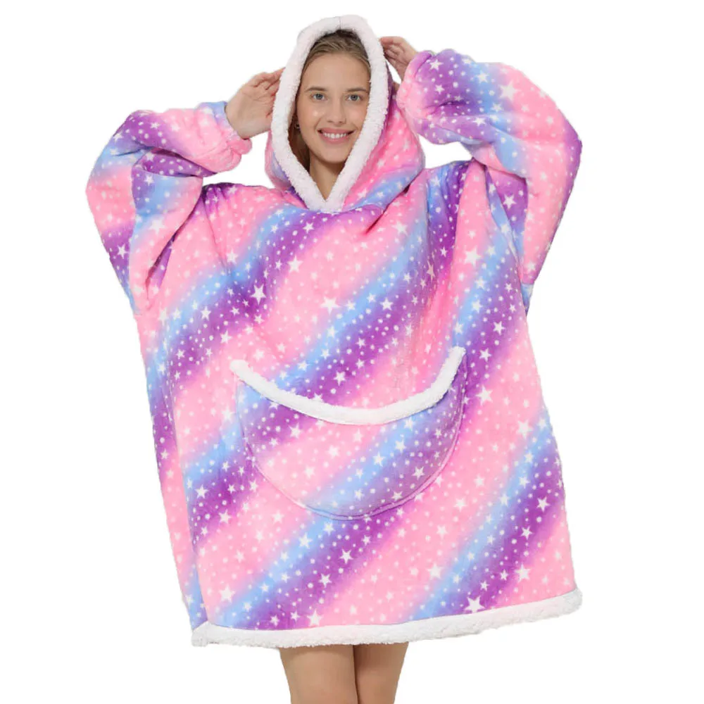 Sweatshirt Women Winter Hoodie Fleece Giant TV Blanket With Sleeves Pullover Oversize Lady Hoodies Pink Star Printing Long Tops