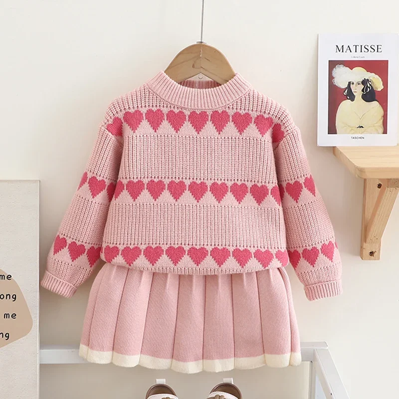 Zestaw ubranek dla dzieci na wiosnę 2026, dla dziewczynek w wieku 2-6 lat, dzianinowy komplet: sweter z długim rękawem + krótka spódniczka