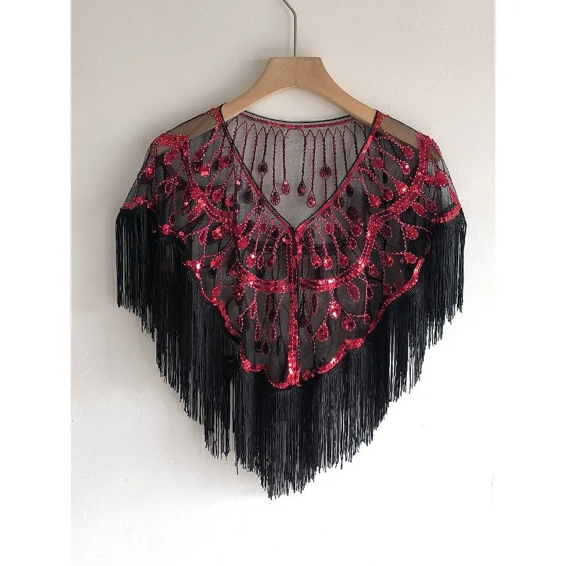 Tassel Sleeveless V-neck Sequined Mesh Perspective New 2024 Summer Gorgeous Cape Loose Outer Wear Versatile Thin Shawl Warp