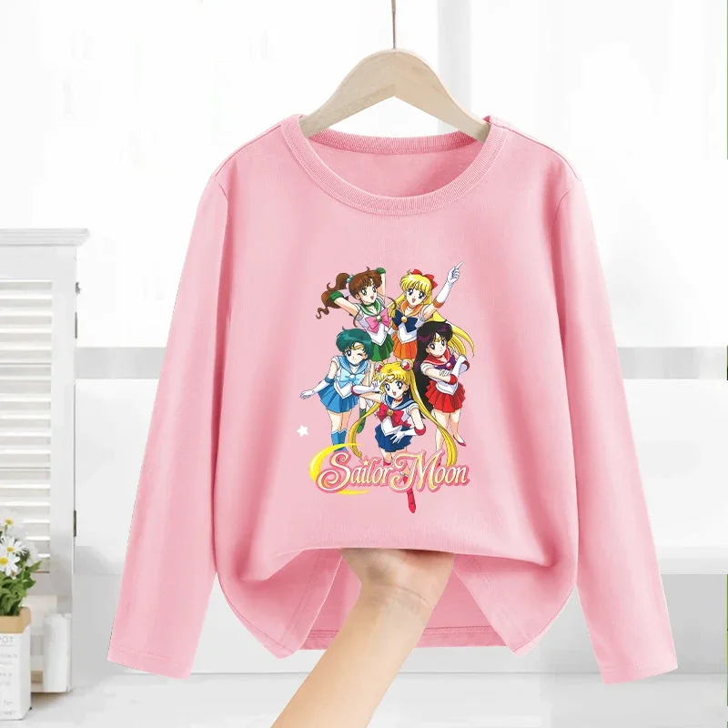 Sailor Moons Girl Kids Pink Long Sleeve Sweatshirt Thin Clothes Childern Anime Cartoon Print O Neck Tops Christmas Birthday Gift