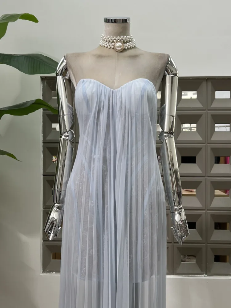 DFDG Elegant Designer StraplessจีบSheer-LaceชุดราตรีหลวมFitฤดูใบไม้ผลิและฤดูร้อนงานแต่งงานGala Party 2025