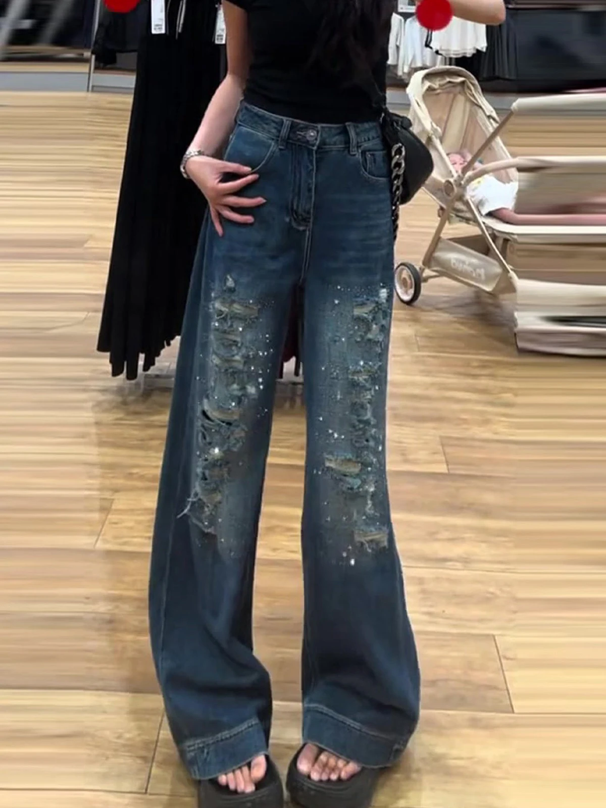 

Retro Hole Design Wide Leg Jeans Women's Summer New Heavy Drill Loose Slimming Drapey Straight Cut Pants High Waist Zipper Cl...