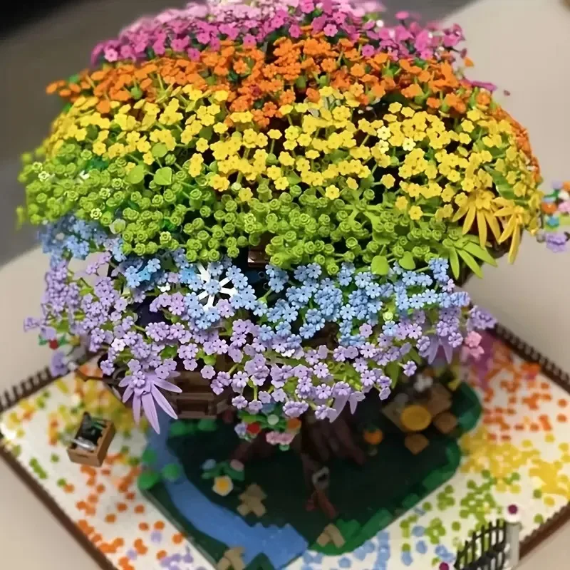 2030-teiliges Fantasy-Sakura-Baumhaus-Mini-Bausteine-Set – buntes kreatives Ausstellungsmodell mit hellen Blumen und grünen Blättern
