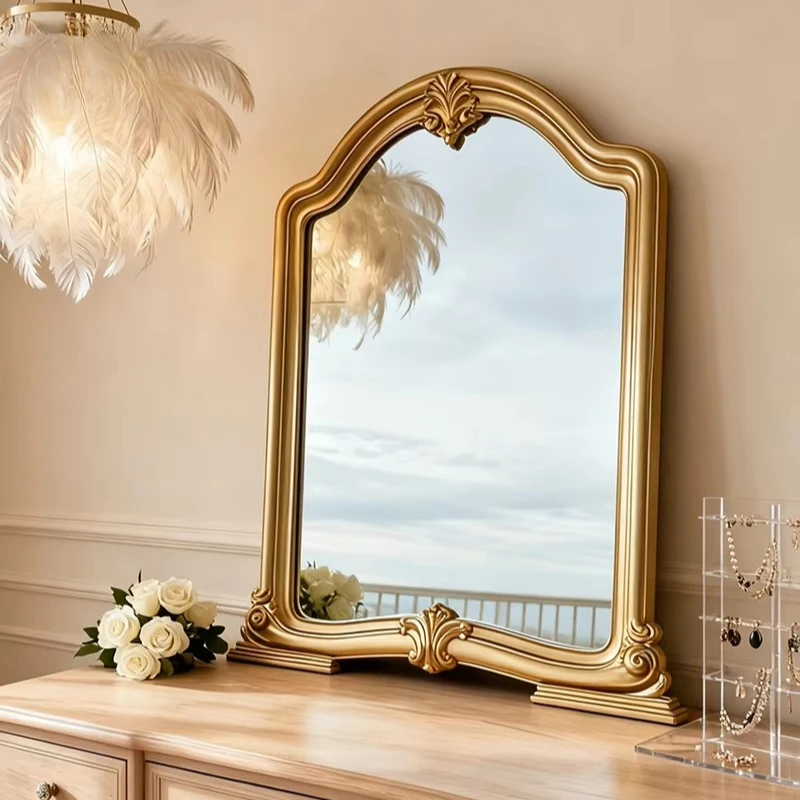 Vintage Style Gold Vanity Mirror, Carved Frame Decorative Mirror for Bathroom Dressing Table