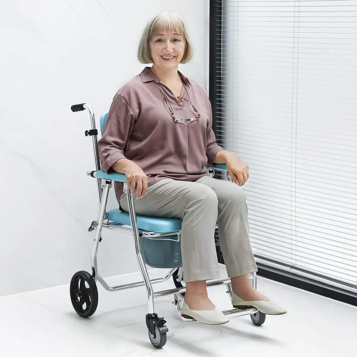 Folding Shower Commode Wheelchair - 300lbs Bedside Commode with Padded Seat, Waterproof Rolling Shower Chair with Arms