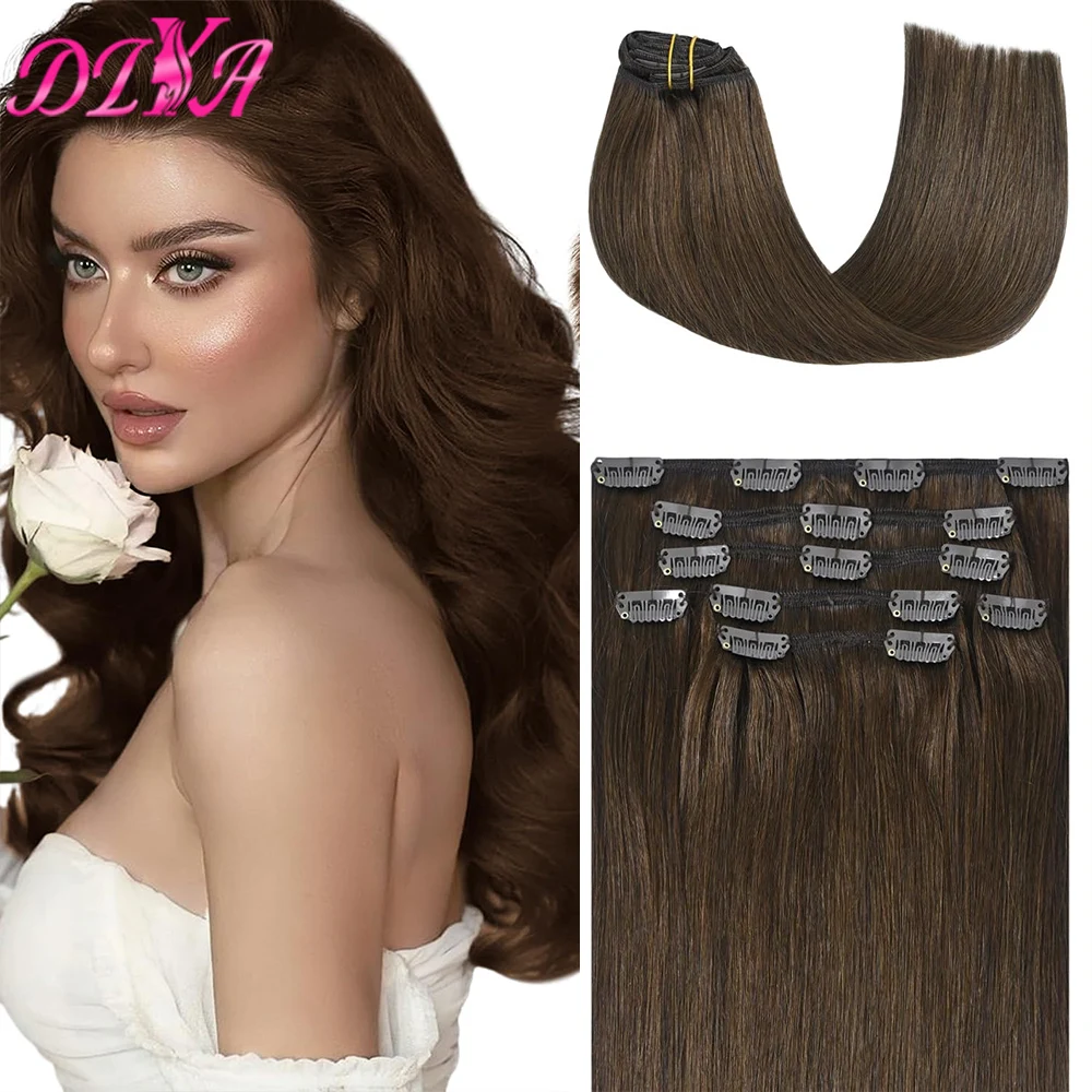 Grampo em extensões de cabelo para mulheres, cabelo humano, clipes sem costura, natural, macio, combina bem, marrom escuro, 8 pcs