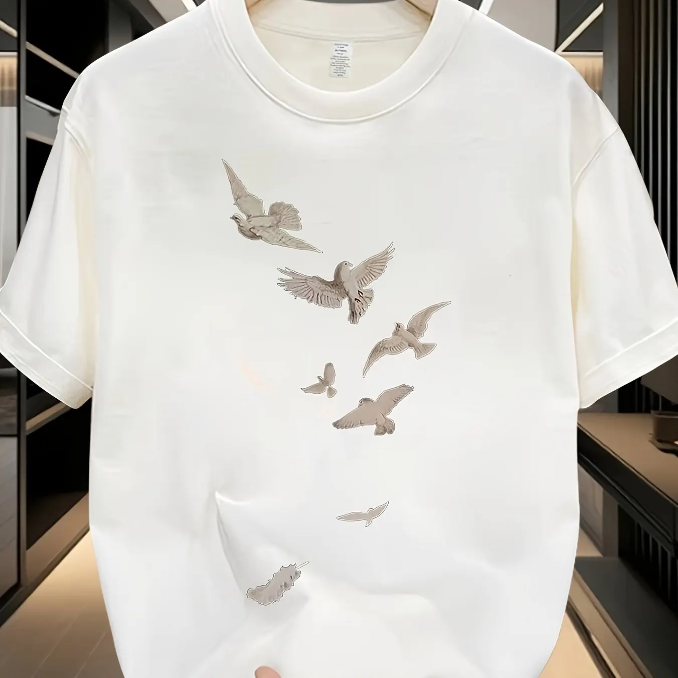 Men Cotton Oversized T-Shirt with White Brown Bird Print Summer Casual Round Neck Short Sleeve Relaxed Fit Large Size