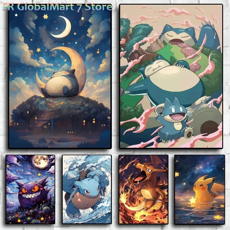 Pokemon Decorative Painting Snorlax Gengar Night Sky and Moon Design Anime Wall Art for Home Decor High - Quality Canvas Prin