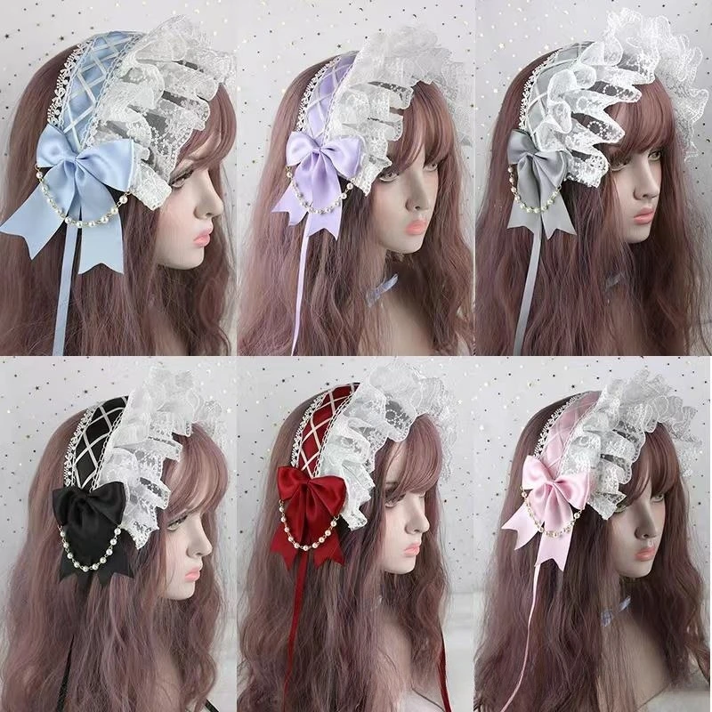 Frauen Bandana Lolita gekräuselte Spitze Stirnband kreuz und quer Band Bogen Perlen Kette Dienst mädchen Haarband Cosplay Kostüm Haarschmuck