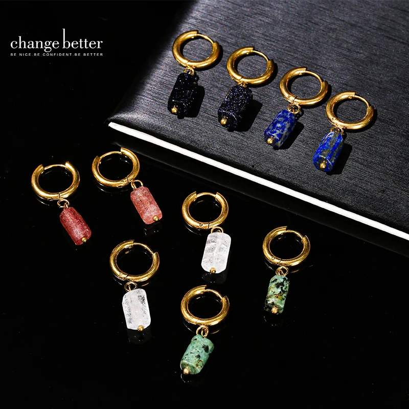 Change Better Natural Rock Quartz Strawberry Quartz Cylinder Shape Drop Earrings WomenStainless Steel HoopEarring Couple Gifts