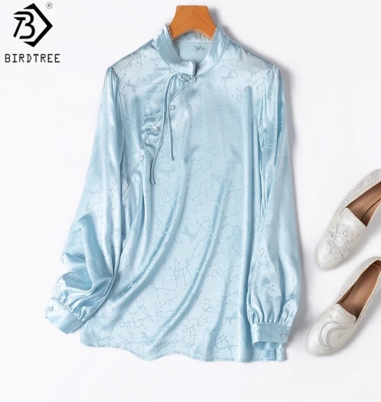 Birdtree 20MM 93%  Silk Blue Shirt,Women Elastic Jacquard Satin Stand Collar Slant Opening Full Sleeve Blouse T59407JF