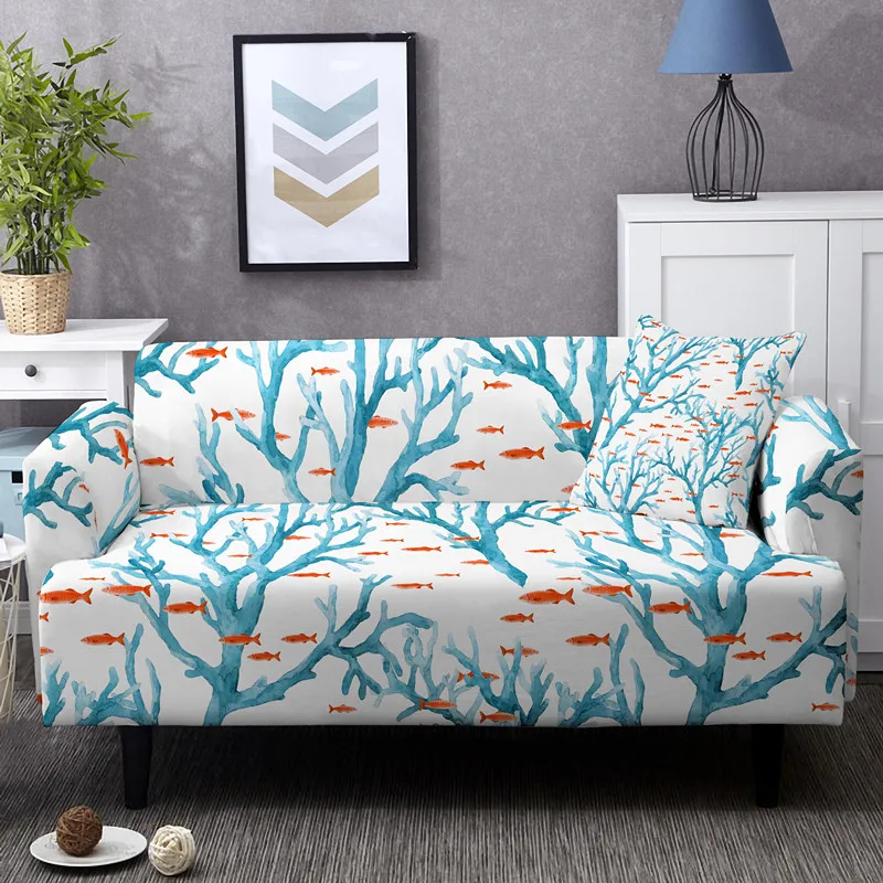 Underwater Coral Design Sofa Cover Elastic Material Slipcover For Living Room Stretch Sectional Couch Covers 1/2/3/4 Seaters