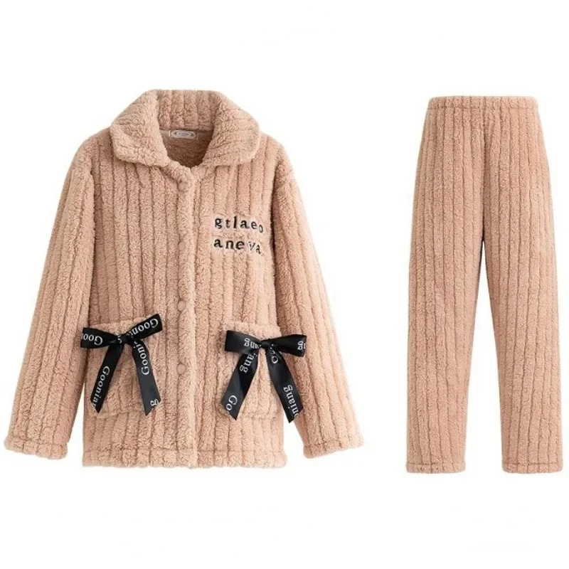 New Flannel Pajamas Women Autumn Winter Homewear Thick Coral Velvet Loungewear Two-piece Suits Warm Cardigan Home Clothes