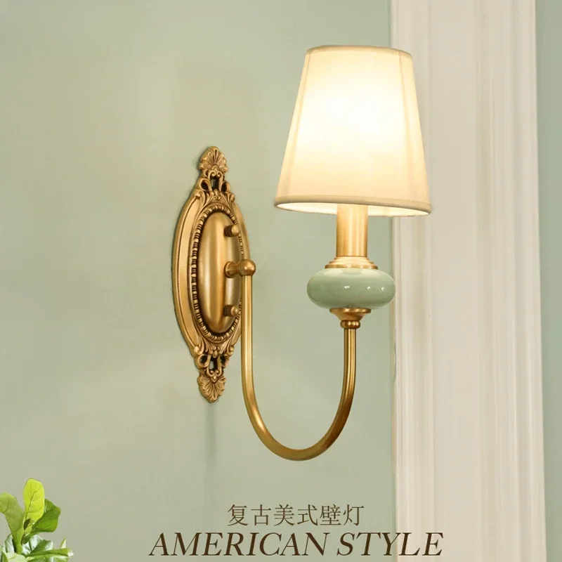 All copper American simple wall lamp living room ceramic double head creative lighting bedroom bedside lamp hotel aisle engineer