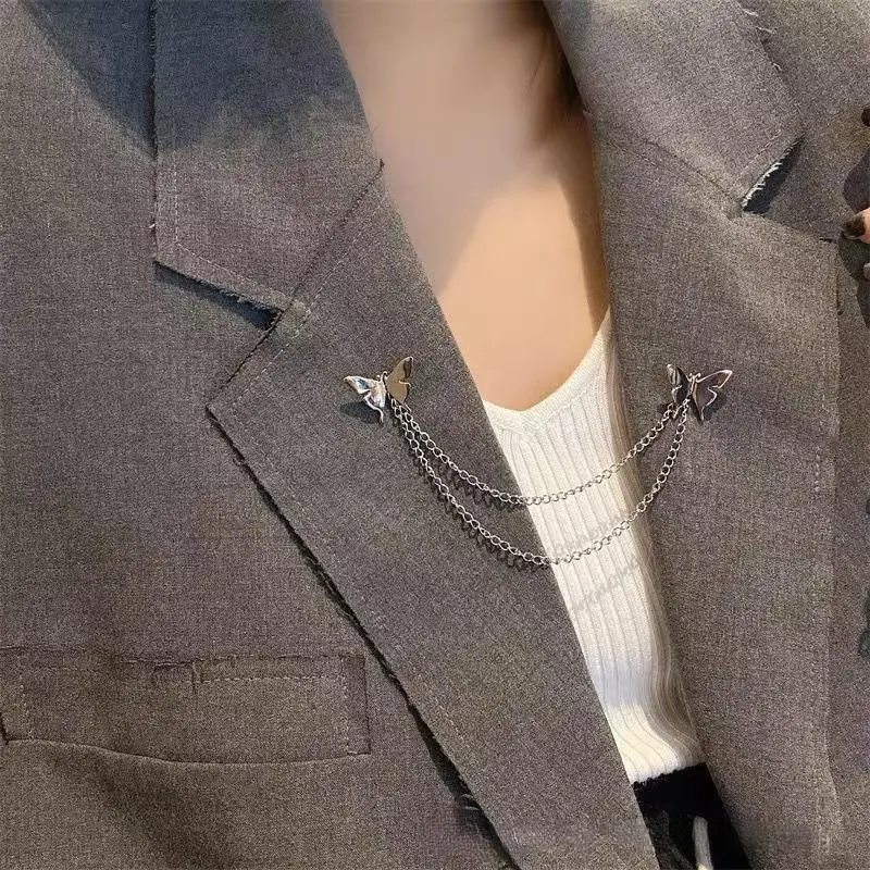 Punk Butterfly Chain Tassel Brooches Lapel Pin For Women Men Hip Hop Metal Suit Clip Cool Clothing Korean Accessories