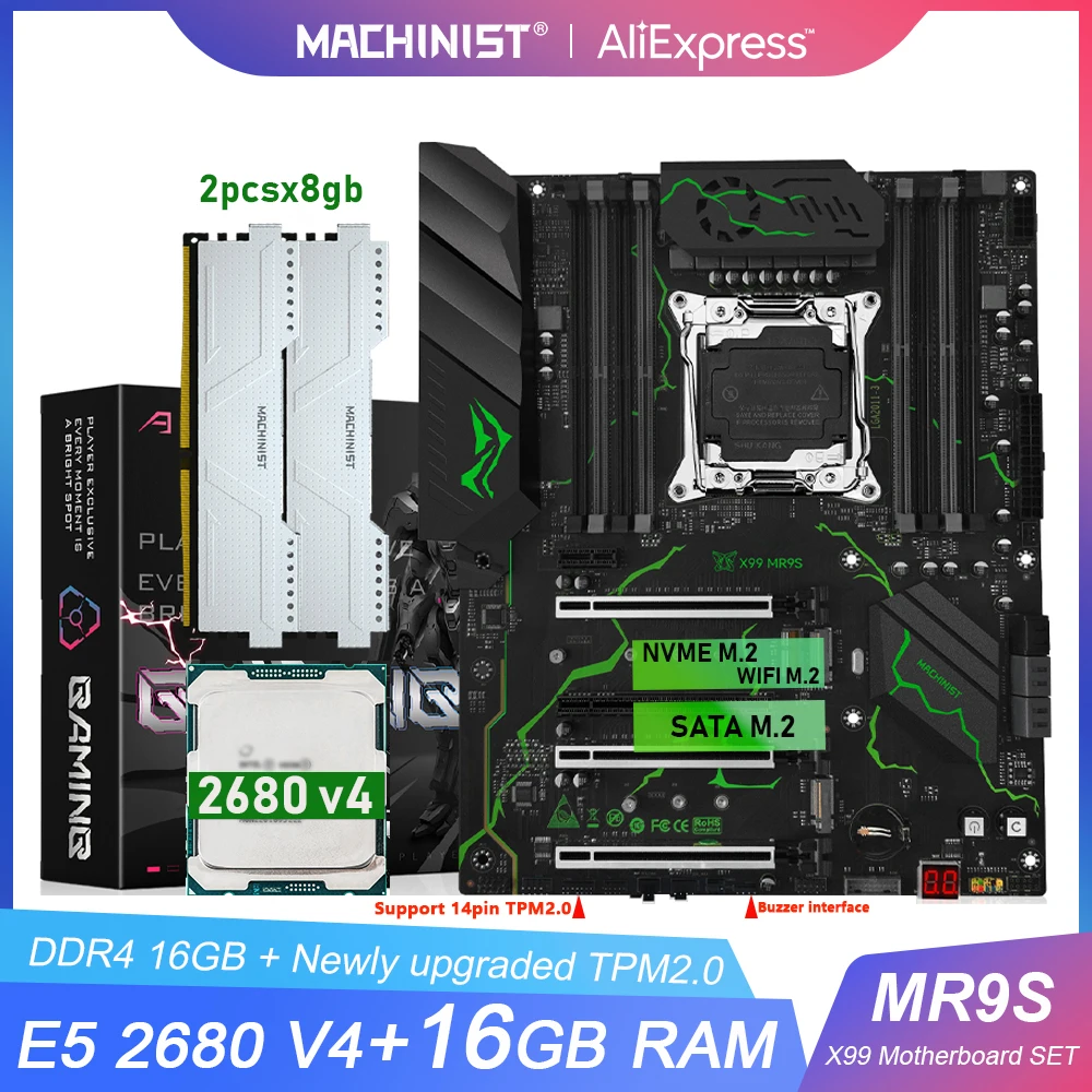 MACHINIST X99 Placa-mãe LGA2011-3 kit Set Intel Xeon E5 2680 V4 CPU DDR4 2*8GB RAM NVME M.2 Quatro canais MR9s suporta TPM2.0
