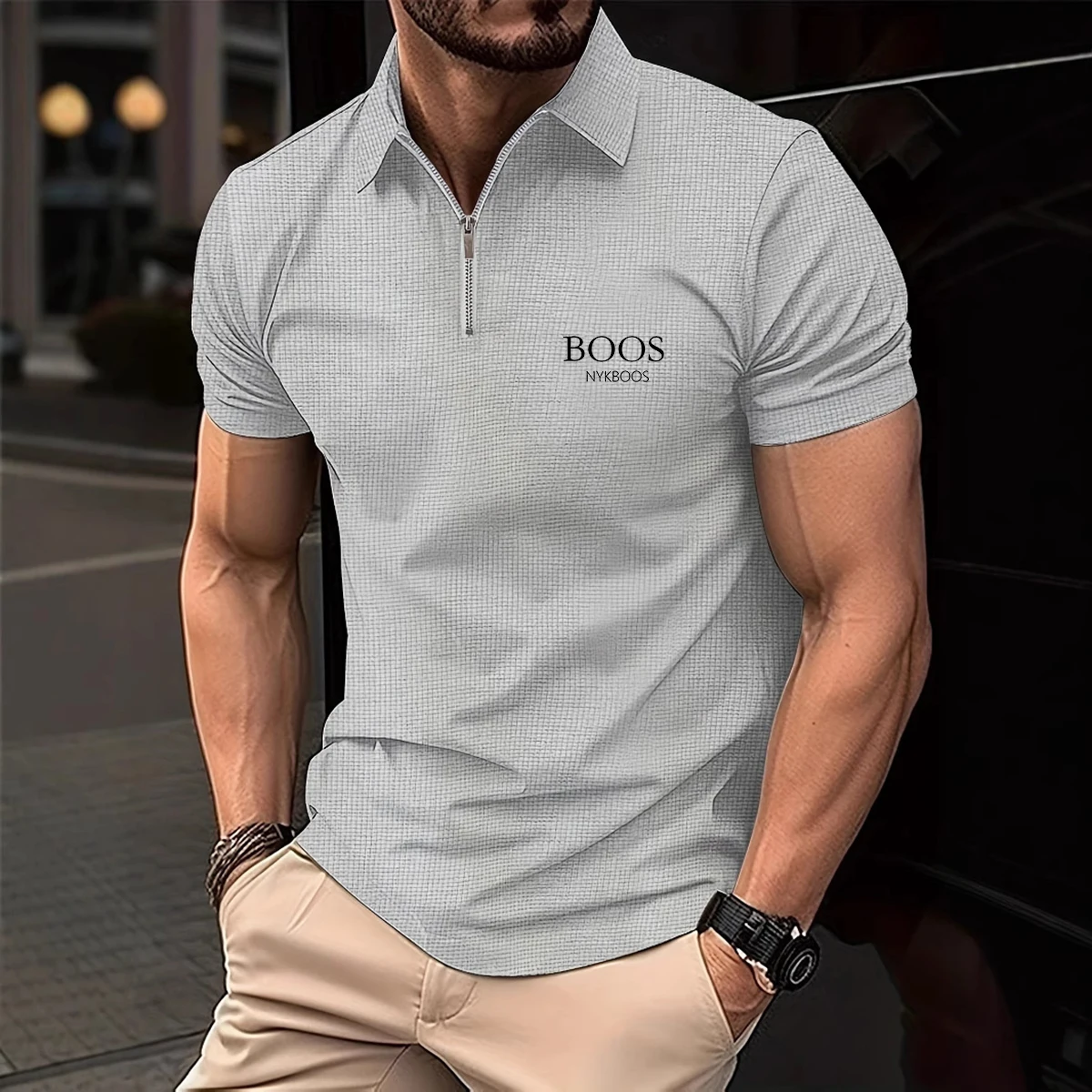 Premium Herren-Poloshirt, Hautfreundliche Waffelstruktur, Viertelreißverschluss, Schlanke Silhouette, Stilvoller Buchstabengrafik