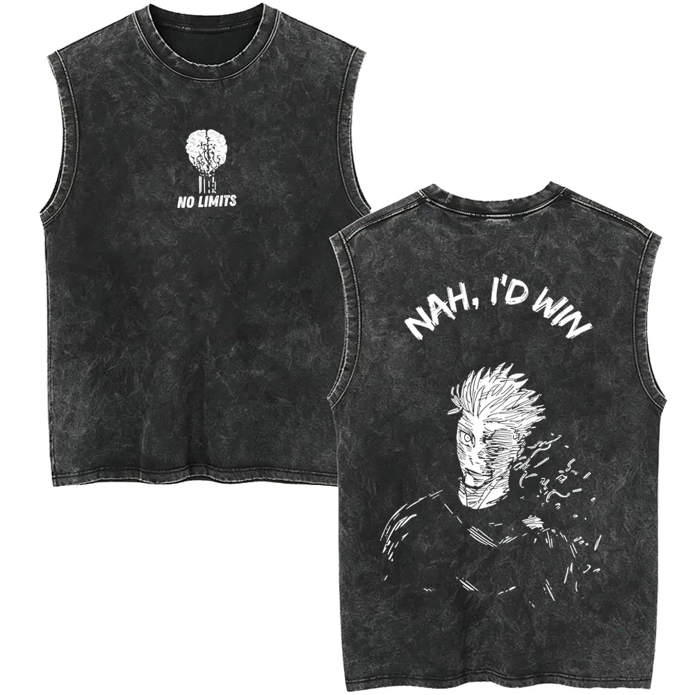 Hot Sale Anime Jujutsu Kaisen Itadori Yuji Vintage Washed Tank Tops Men's Women Casual Oversized Manga Sleeveless Vest T-shirt