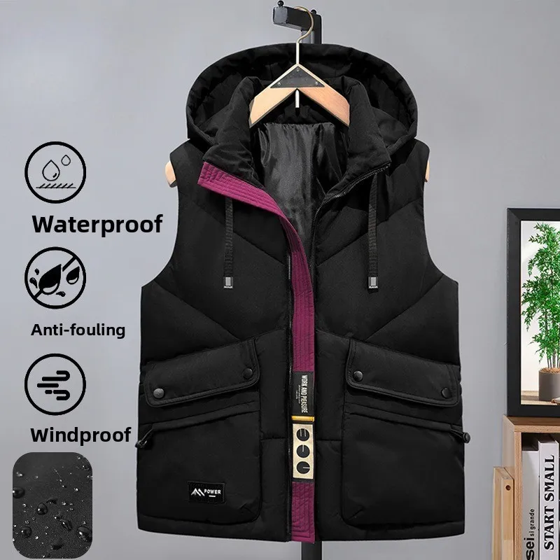 Winter Men Hooded Jackets Sleeveless Vests Mens Casual Windproof Waterproof Warm Vests Trendy Workwear Waistcoat Jackets Male
