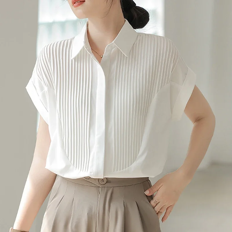 

Fashion Pleated Striped Shirt Women Tops White Shirts Blouses Solid Color Simple Summer New Short Sleeve Loose Clothes 27508