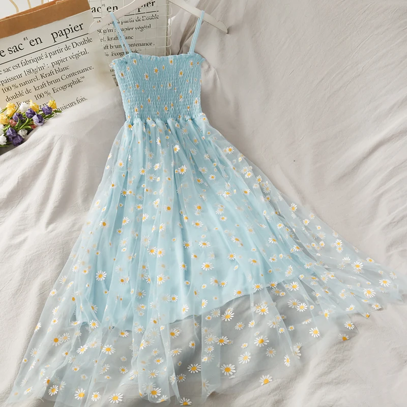 Vestido em malha com alça de espaguete, moda coreana, estampado com flores, 2 camadas doces, vestidos de férias, praia, verão