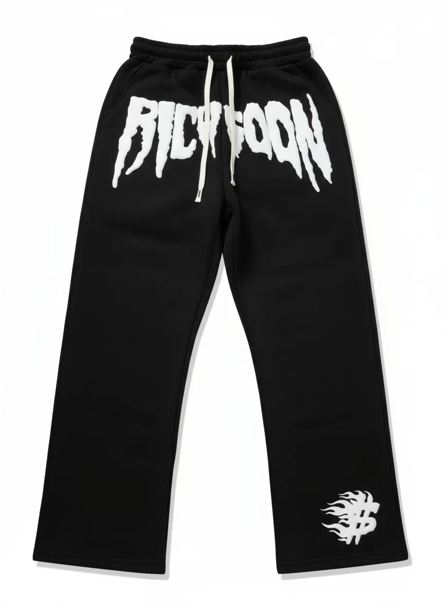 

So comfortable that you'll fly! The unique "RICH BOON" white printed black loose sportswear pants can easily create a trendy loo