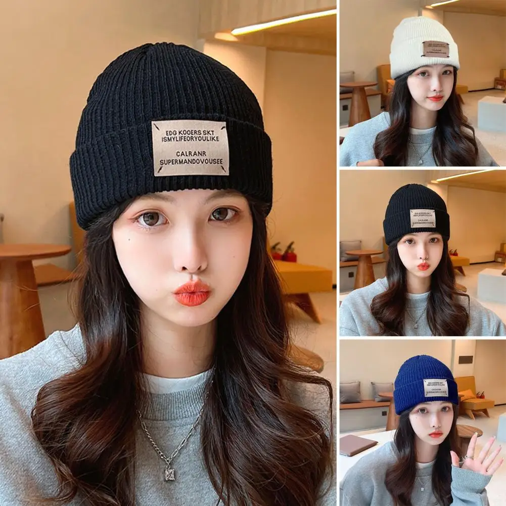 Solid Color Knitted Hat High-quality Women's Winter Knitting Hat with Logo Pattern Thickened Warm Beanie for Skiing Streetwear