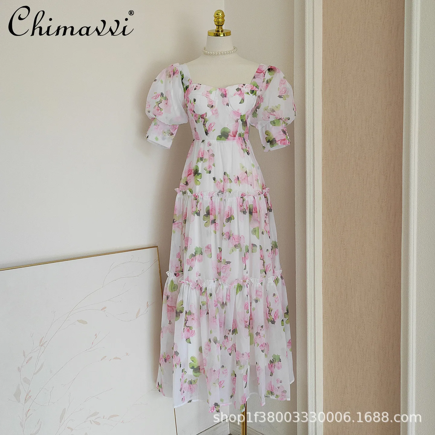 

French Casual Vacation Style Fairy Long Dresses Summer Square Collar Bubble Sleeve Lace-up High Waist Print Evening Dress Woman