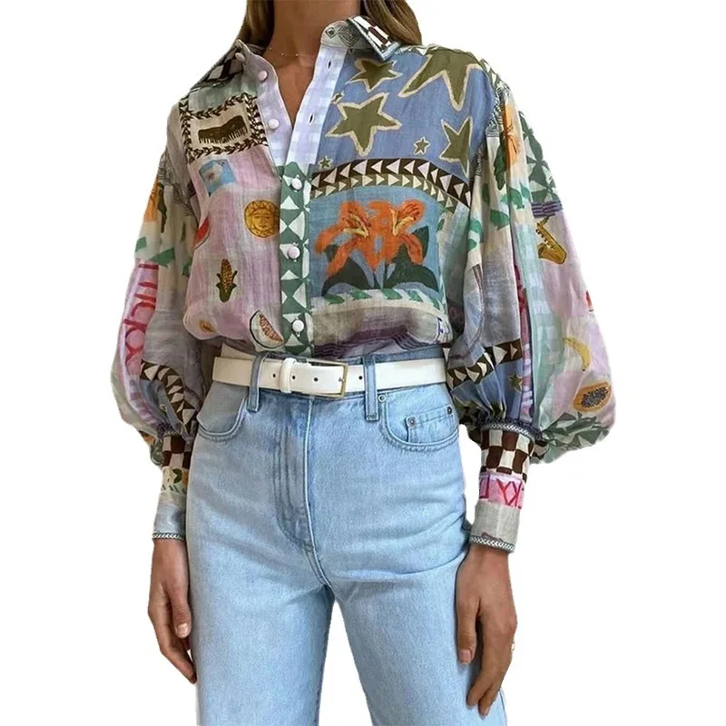 2024 Summer Women\'s New Style Elegant Polo Collar Long Sleeved Printed Painted Casual Fashion Shirt