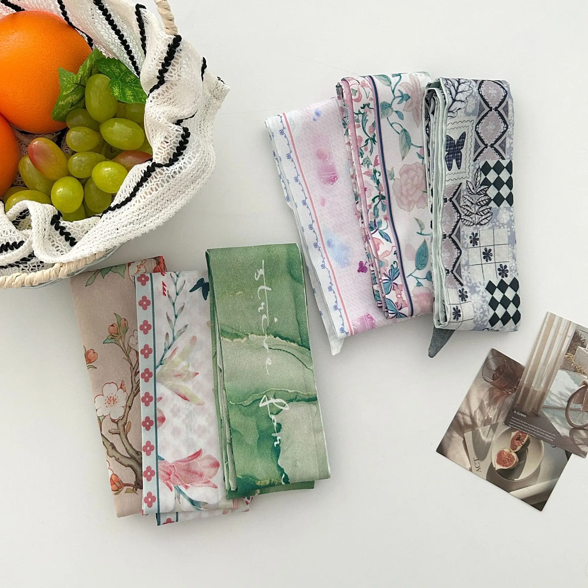 Floral Print Scarf Skinny Long Ribbon Multifunctional Hair Scarf Bag Strap Neck Wrap Belt Soft Satin for Women Casual Travel