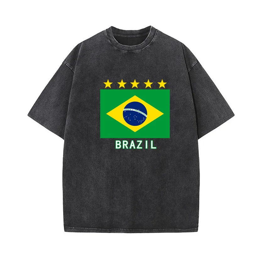 

Washed T Shirts Hip Hop Vintage T-Shirts Brazil Flag Printed Streetwear Cotton Summer Tops Tee Shirt Men Women Neutral Tees