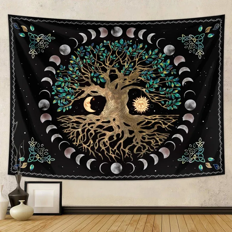 VIKAMA Baum des Lebens Wandteppich, Galaxie Sonne-Mond Sternenhimmel Wandbehang, Bohemian-Stil Dekoration, Geeignet für Wohnzimmer oder Schlafzimmer