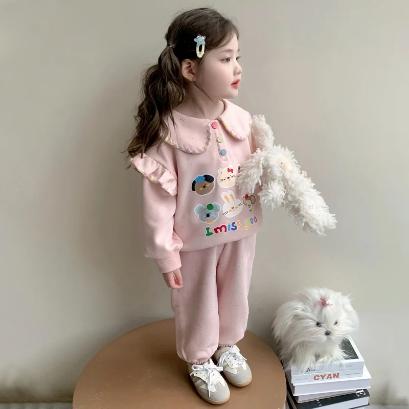 

Весенний кружевной комплект свитшотов с героями мультфильмов для девочек, повседневная модная хлопковая одежда для детского сада для маленьких детей