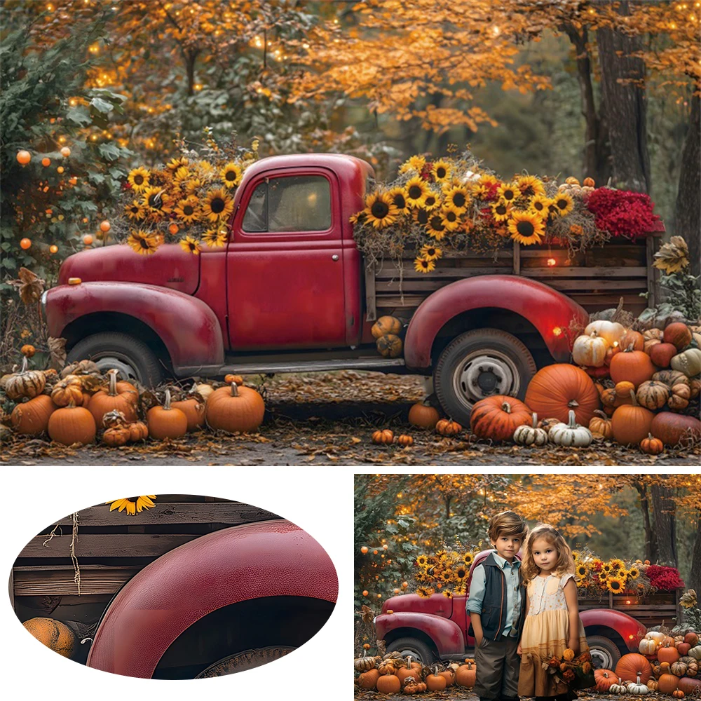 

Autumn Rustic Farm Truck Background Sunflower Fall Scene Maple Leaves Falling Leaf Forest Baby Birthday Portrait Photo Backdrop