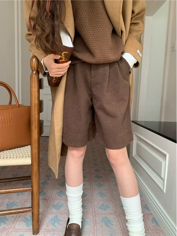 Winter Woolen Suit Pants Women's High Waist Straight Leg Casual Trousers Youthful Short Pants Five-Point Wide Leg Pants