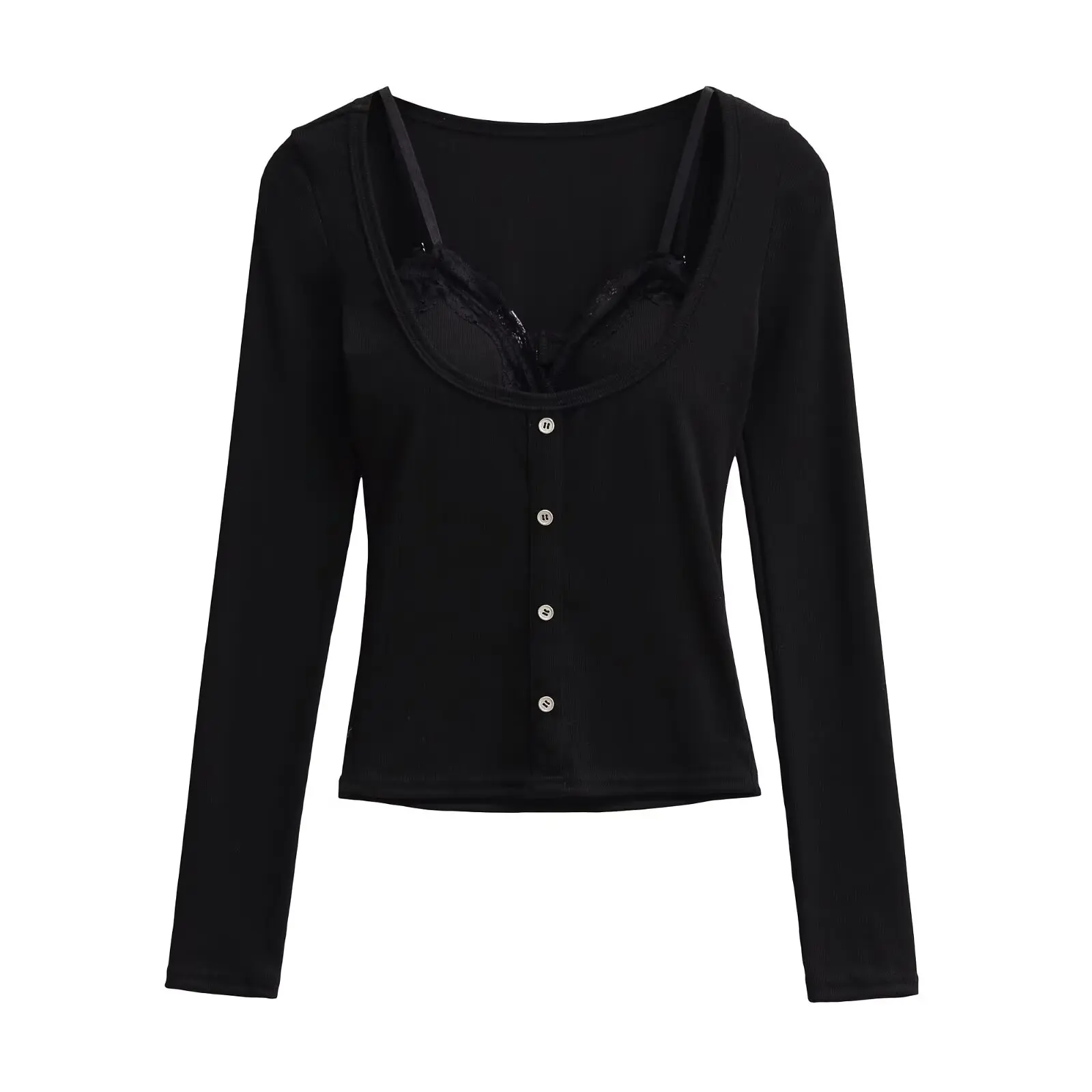 純粋な欲望セクシーなレーススプライスツーピースセットロングスリーブTシャツ女性スリムインナーウェアベースシャツ通勤秋服