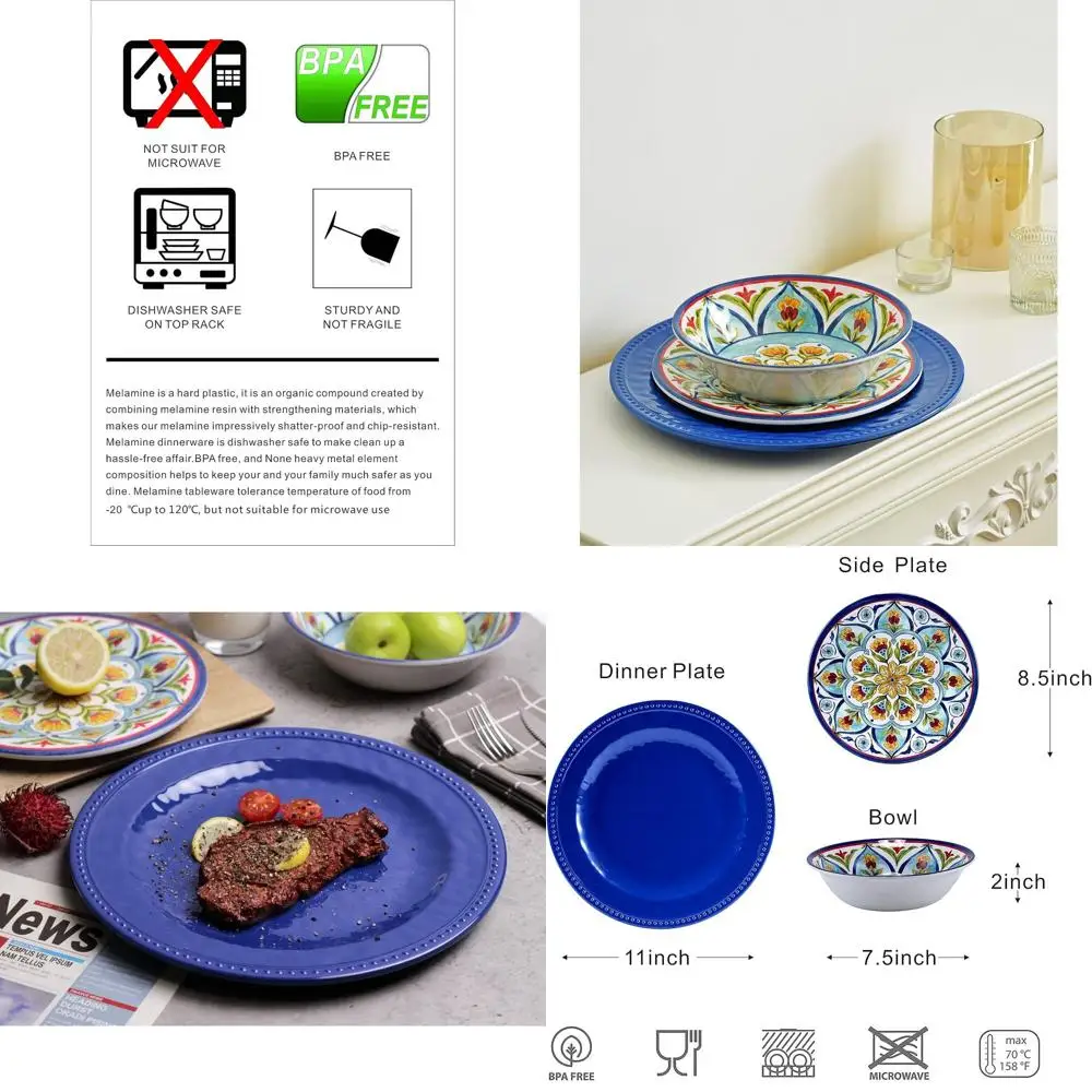 

Наборы меламиновой посуды, 12 предметов или 4 комплекта, тарелки и миски, посуда для улицы, можно мыть в посудомоечной машине, без BPA (ретро-стиль)