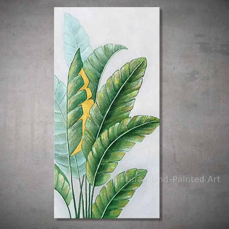 100% Handmade Handpainted Modern Landscape Green Banana Leaf Oil Paintings On Canvas,Wall Art,Picture For Living Room Home Decor