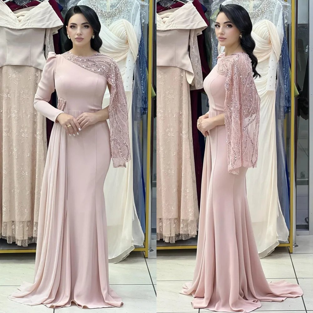 

Индивидуальные длинные платья из джерси высокого качества со складками и блестками, длинные платья с круглым вырезом на заказ, изысканные