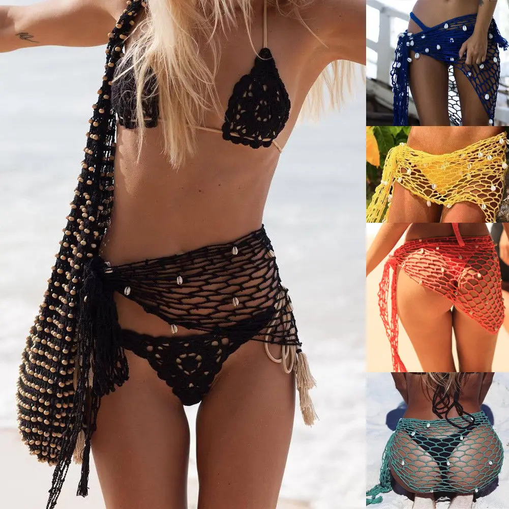 Mulheres acutes roupa de banho triângulo envoltório fishnet cor sólida conchas maiô saia biquíni cover-up xale verão praia cobrir