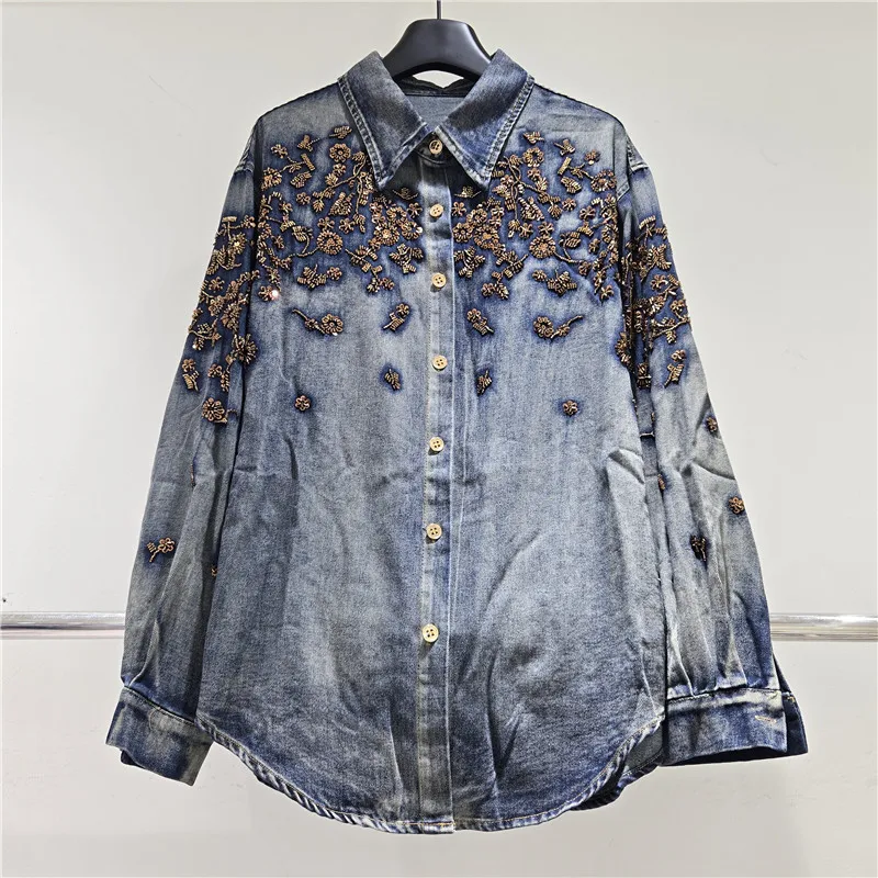 Vintage Washed Blue Denim Shirt Jacket Fashion Beaded Flower Women Cowboy Outwear Lapel Long Sleeve Jeans Jacket Coat Streetwear