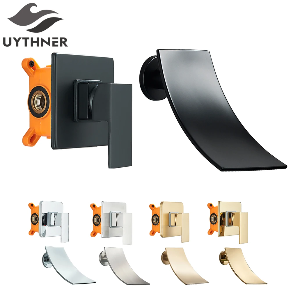 

Black Waterfall Basin Faucet Wall Mounted Brass Bathroom Mixer Tap Concealed Bath Tub Faucet Single Handle Hot Cold