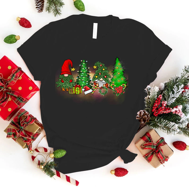 (Premium T-shirt)Women Fashion Christmas Gnome Tree Letter Print T-Shirt Female Casual T Shirt Harajuku Soft Short Sleeve