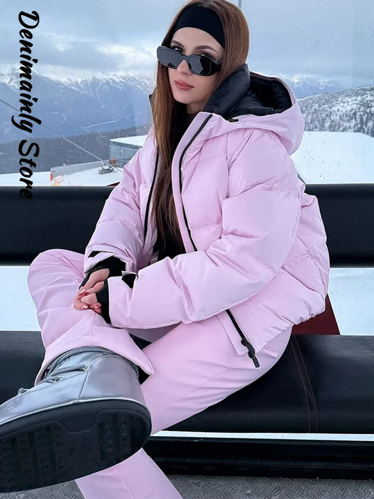 الوردي يندبروف ملابس التزلج السراويل 2 قطع مجموعات النساء مقنعين سستة معاطف جيب واسعة الساق بانت 2025 الشتاء سيدة الدافئة رياضية جديد