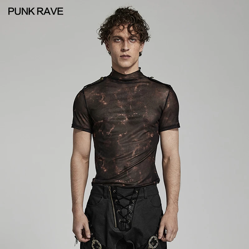 PUNK RAVE Men\'s Doomsday Abstract Printed Mesh Slim Fit T-shirt Shoulders with 3D Lace Decoration Personality Casual Tops Tees