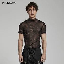 PUNK RAVE Men's Doomsday Abstract Printed Mesh Slim Fit T-shirt Shoulders with 3D Lace Decoration Personality Casual Tops Tees