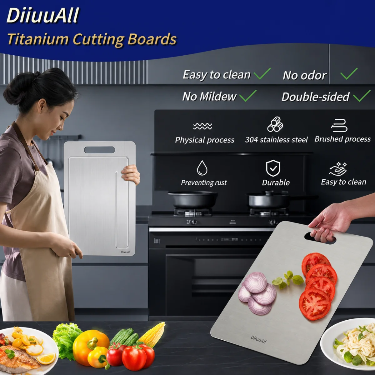 Thick Double Sided Stainless Steel Cutting Board Kitchen Fruit Meat Chopping Block Prep Tools