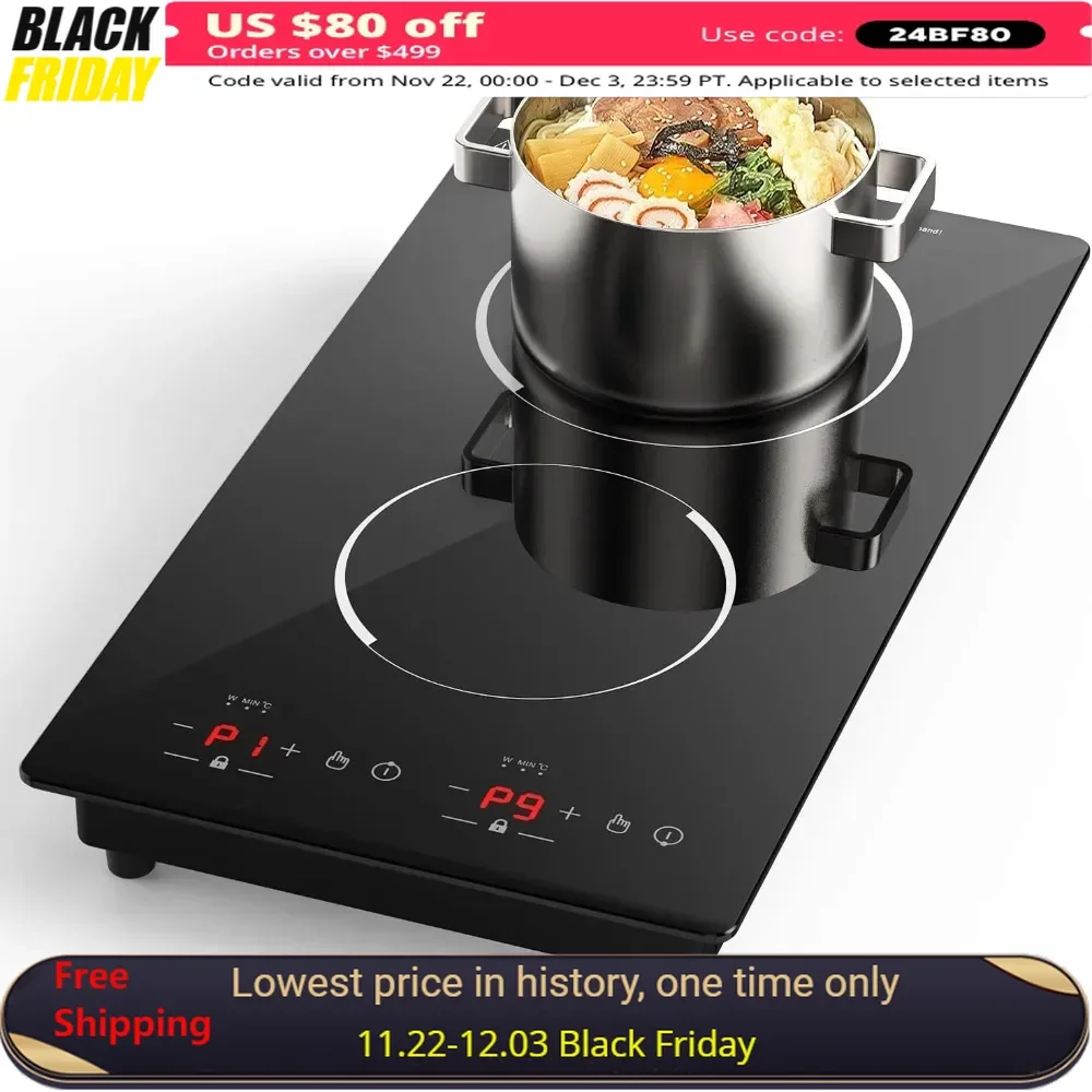 Electric Induction Cooker, 2 Burner Independent Control, 9 Temperature, Multiple Power Levels, 2 Hour Timer, Induction Cooktop